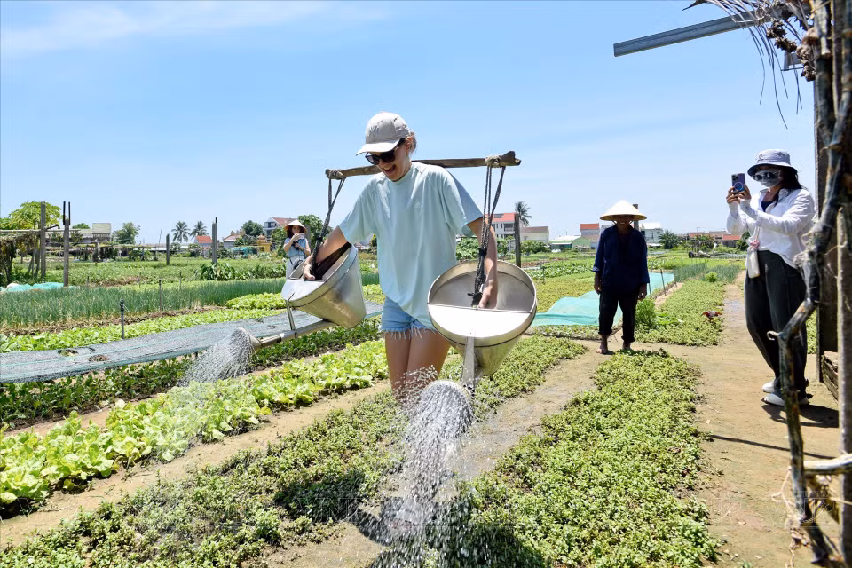 Manejar dos cubos de agua colgados en un palo de carga resulta un desafío interesante para los visitantes extranjeros (Foto: VNA)