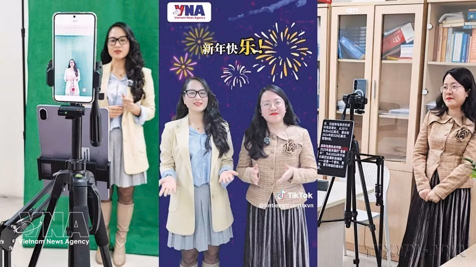 Las editoras de la Sección china del Departamento de Información para el Exterior de la VNA, Luu Thuy Dung y Tu Bich Ngoc, graban un video para TikTok con motivo del Año Nuevo 2026. (Foto: VNA)