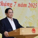 El primer ministro de Vietnam, Pham Minh Chinh, habla en la reunión. (Fuente: VNA)