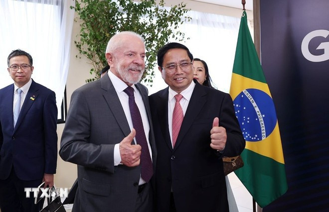 El primer ministro vietnamita, Pham Minh Chinh, y el presidente brasileño, Luis Inácio Lula da Silva. (Fuente: VNA) thu-tuong-pham-minh-chinh-brazil-0307.jpg