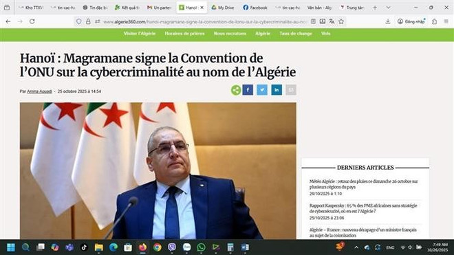 El periódico digital Algerie360 publicó un artículo sobre la firma de la Convención de Hanoi por parte de Argelia. (Foto: VNA) vna-potal-bao-algeria-cong-uoc-ha-noi-buoc-tien-lich-su-trong-hop-tac-quoc-te-ve-an-ninh-so-8364622.jpg