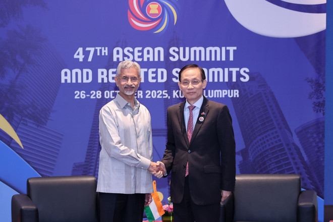 El ministro de Relaciones Exteriores de Vietnam, Le Hoai Trung, y su homólogo indio, Subrahmanyam Jaishankar. (Fuente: VNA) an-do-281025.jpg