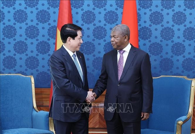 El presidente de Vietnam, Luong Cuong, y su homólogo angoleño, João Manuel Gonçalves Lourenço, sostienen conversaciones. (Fuente: VNA) hoi-dam2.jpg