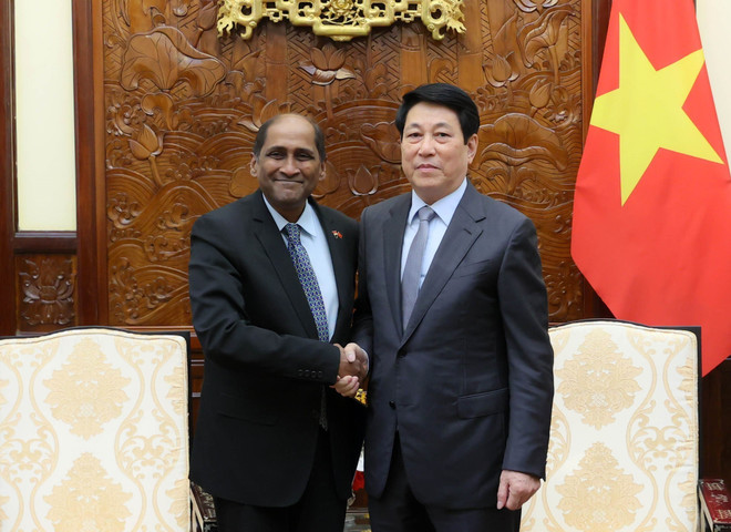 El presidente Luong Cuong recibe a Jaya Ratnam, embajador de Singapur en Vietnam. (Fuente: VNA) vna-potal-chu-tich-nuoc-tiep-dai-su-singapore-8367420.jpg