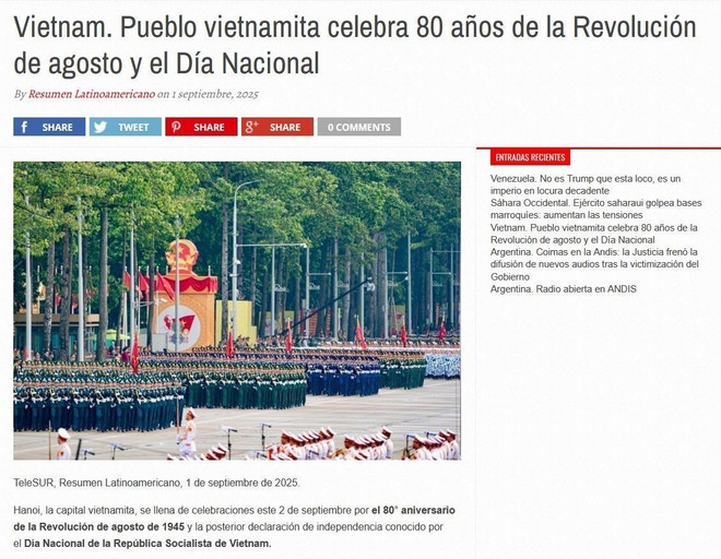 Captura de pantalla del artículo sobre la celebración del 80 aniversario de la Revolución de Agosto y el Día Nacional 2 de Septiembre del pueblo vietnamita. (Fuente: VNA) vna-potal-truyen-thong-argentina-dua-tin-dam-net-le-ky-niem-80-nam-quoc-khanh-viet-nam-8253163.jpg