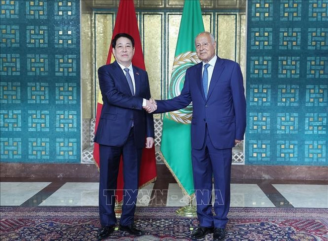 El secretario general de la Liga Árabe, Ahmed Aboul Gheit, y el presidente vietnamitam, Luong Cuong. (Foto: VNA) vna-potal-chu-tich-nuoc-luong-cuong-phat-bieu-chinh-sach-tai-lien-doan-arab-stand-7497.jpg
