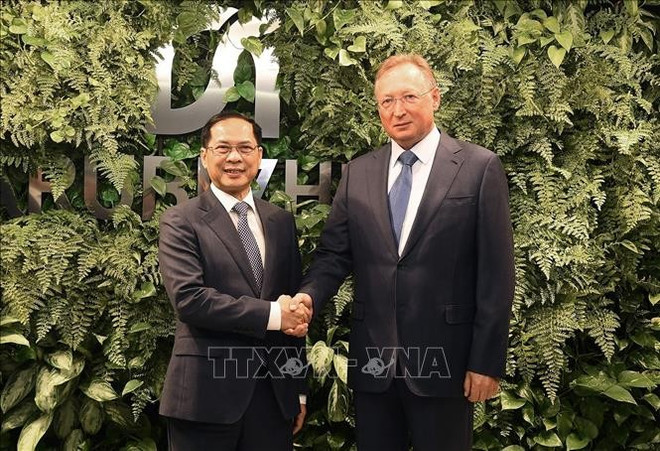 El viceprimer ministro Bui Thanh Son recibe al director general de la empresa rusa Zarubezhneft, Sergei Kudryashov. (Fuente: VNA) doanh-nghiep-nga.jpg