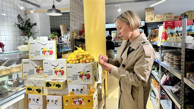 Una cliente francesa prueba el lichi vietnamita. (Fuente: VNA) thumbstand-1.jpg