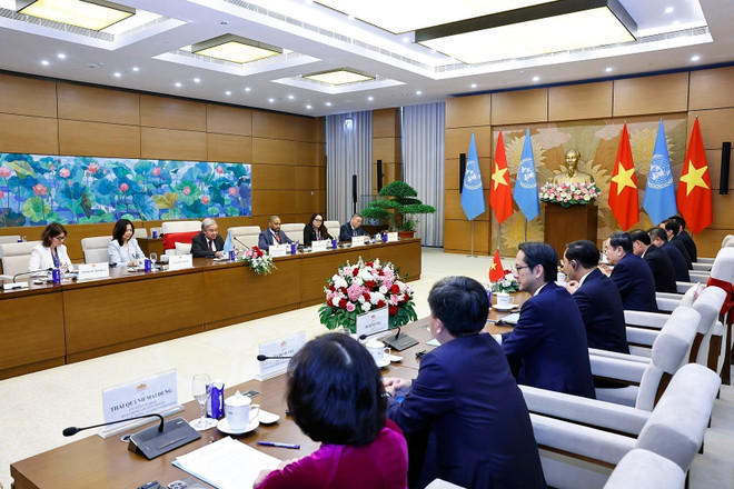 Panorama del evento. (Fuente: VNA) vna-potal-chu-tich-quoc-hoi-tran-thanh-man-tiep-tong-thu-ky-lien-hop-quoc-antonio-guterres-8362826.jpg