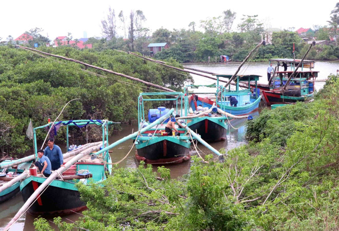 Los habitantes locales llevan sus barcos a resguardo del tifón en el puente Thach Dong, comuna Thach Khe, provincia de Ha Tinh. (Foto: VNA) vna-potal-ha-tinh-tau-thuyen-vao-noi-tranh-tru-bao-so-10-8299588.jpg