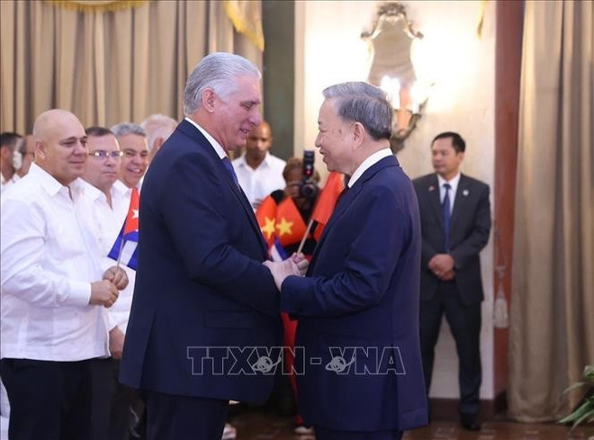 El secretario general del Partido Comunista y presidente de Vietnam, To Lam, y el primer secretario del Comité Central del Partido Comunista de Cuba y presidente de la República, Miguel Díaz-Canel. (Foto: VNA) 133720403096005641-img-4836.jpg