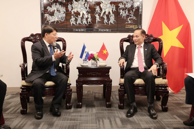 El ministro interino de Relaciones Exteriores de Vietnam, Le Hoai Trung, y el ministro asesor de la presidencia para políticas y asunto internacionales de Nicaragua, Denis Moncada Colindres. (Foto: VNA) vna-potal-viet-nam-tang-cuong-quan-he-voi-australia-nicaragua-va-gruzia-8292995.jpg