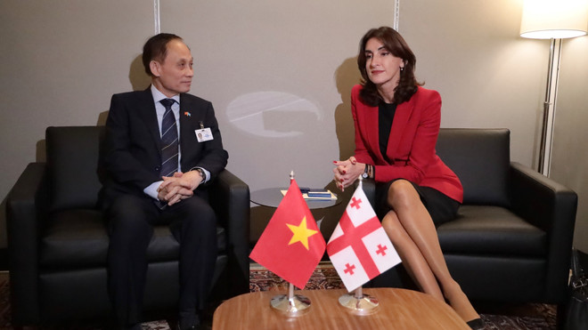 El ministro interino de Relaciones Exteriores de Vietnam, Le Hoai Trung, y la ministra de Relaciones Exteriores de Georgia, Maka Botchorishvili. (Foto: VNA) vna-potal-viet-nam-tang-cuong-quan-he-voi-australia-nicaragua-va-gruzia-8292961.jpg