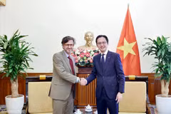 El viceministro de Relaciones Exteriores de Vietnam, Do Hung Viet, recibe al vicecanciller colombiano de Asuntos Multilaterales, Mauricio Jaramillo Jassir. (Fuente: baoquocte.vn)