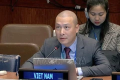 Nguyen Hoang Nguyen, subjefe de la misión permanente del país indochino ante la Organización de las Naciones Unidas, pronuncia su discurso en la reunión (Fuente: VNA)