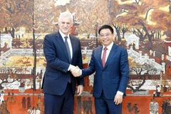 El ministro de Finanzas Nguyen Van Thang y el director general del grupo Standard Chartered durante una sesión de trabajo el 3 de abril. (Foto: Vietnam+) 