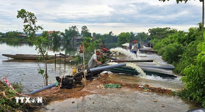 La Cooperativa Agrícola Phu Ho, en la ciudad de Hue, moviliza recursos humanos y bombas para drenar las aguas de las inundaciones y proteger el arroz de los agricultores. (Foto: VNA)