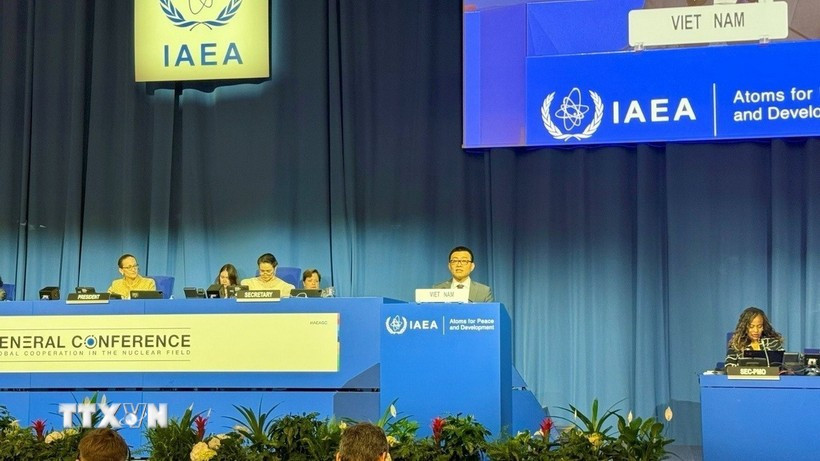 El embajador Vu Le Thai Hoang, representante permanente de Vietnam ante la ONU y las organizaciones internacionales en Viena, habla en la cita. (Foto: VNA)