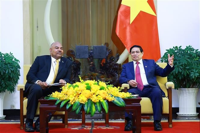 l primer ministro vietnamita, Pham Minh Chinh, recibe al ministro de Asuntos Exteriores y Cooperación de África Oriental de Tanzania, Mahmoud Thabit Kombo. (Foto: VNA) 