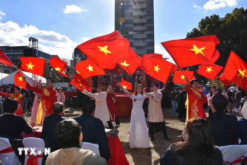 Un espectáculo con banderas nacionales de Vietnam en el festival (Fuente: VNA)