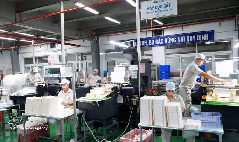 Línea de producción de envases en la empresa de Thang Long, que cumple con los requisitos de numerosos clientes nacionales e internacionales. Foto: VNA