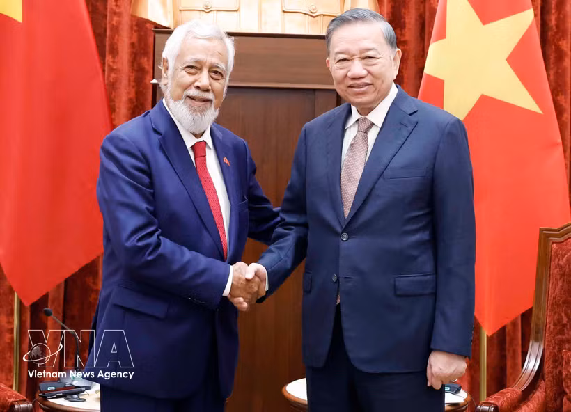 El secretario general del Partido Comunista de Vietnam y presidente del país, To Lam, recibe al primer ministro del Timor Leste, Kay Rala Xanana Gusmão, Foto: VNA