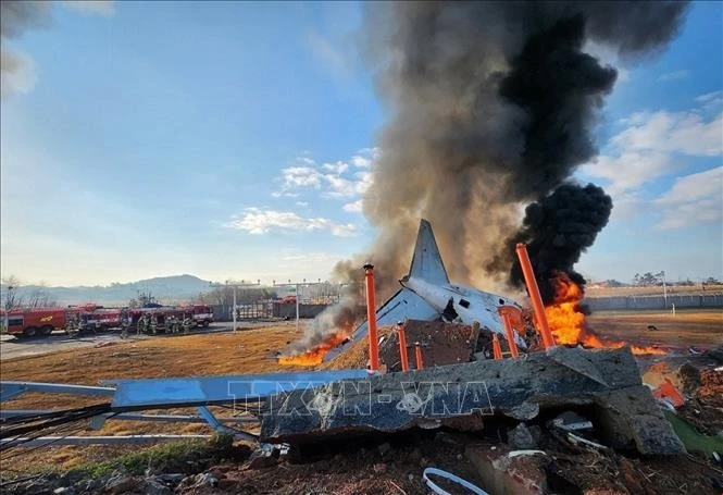 Escenario del accidente del avión de Jeju Air. (Foto: Yonhap/VNA)