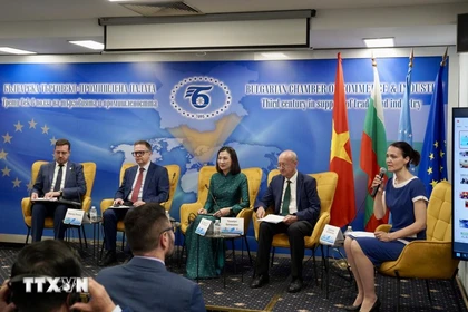 La embajadora de Vietnam en Bulgaria, Nguyen Thi Minh Nguyet, asiste a un debate en Bulgaria. (Foto: VNA)