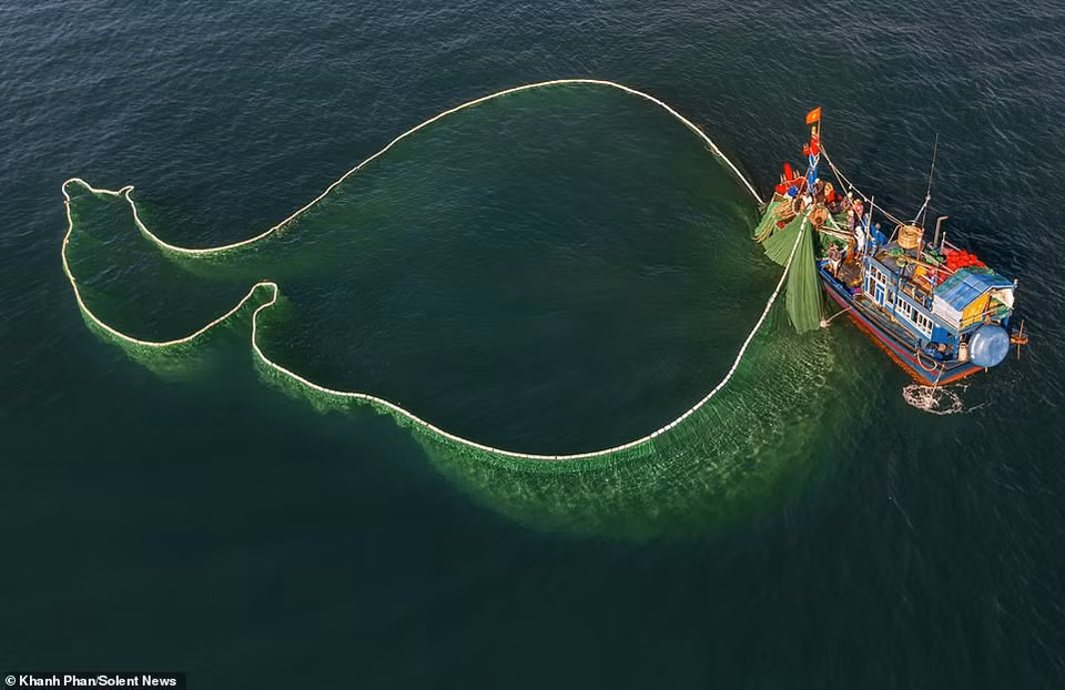 Los barcos de pesca parecen pequeños en comparación con las redes arrojadas en medio del océano. (Foto: DailyMail)