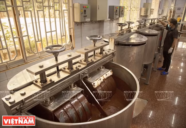 Moliendo la masa de cacao para hacer chocolate.