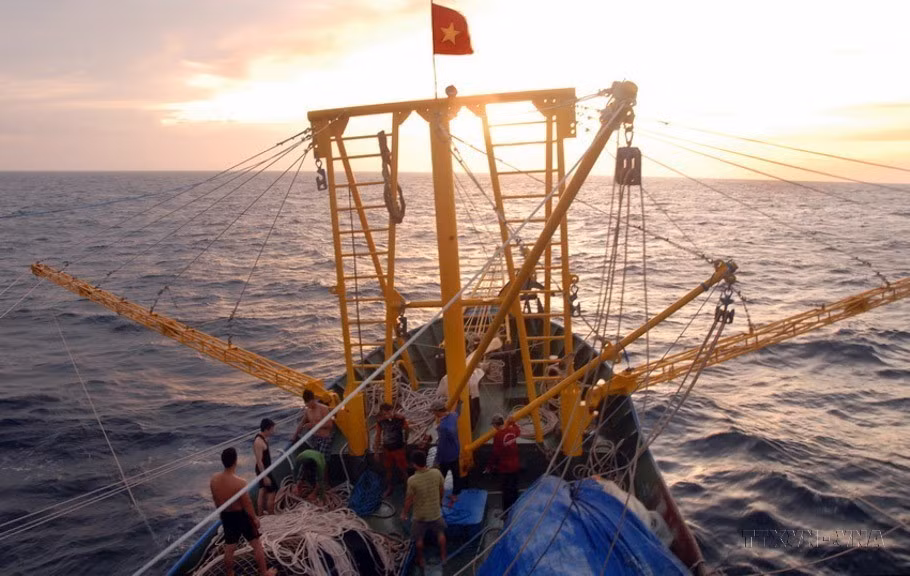 4. Barco QNg 94359TS con una potencia de 811 CV, el primer barco pesquero de acero construido con fondos de préstamos preferenciales del Fondo de Apoyo a los Pescadores de la provincia de Quang Ngai, faenaba en el Mar del Este (2015). (Foto: VNA) 