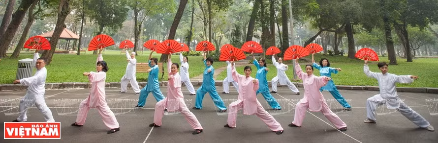 Con la práctica suave y hermosa, muchas personas mayores también combinan la práctica del tai chi con abanicos (Foto: VNA)