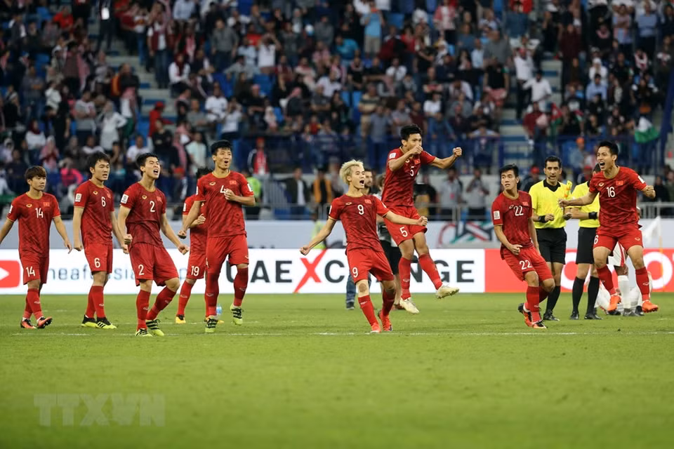 Júbilo de la selección vietnamita en el partido contra Jordania. (Fuentes: AFP/VNA)