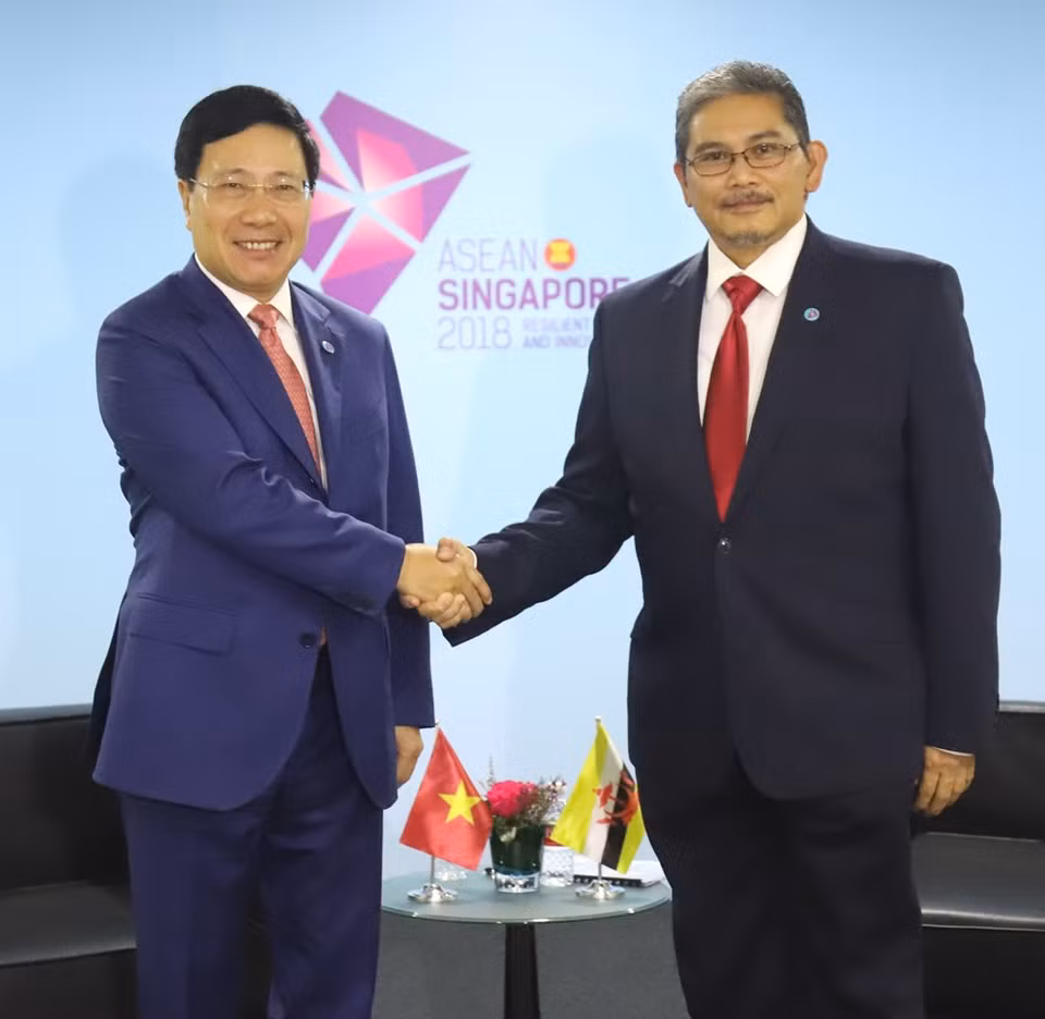 El viceprimer ministro y canciller, Pham Binh Minh (izq.) se reúne con el segundo ministro de Asuntos Exteriores y Comercio de Brunei, Dato Erywan Pehin Yusof, en Singapur el 4 de agosto (Fuente: VNA)