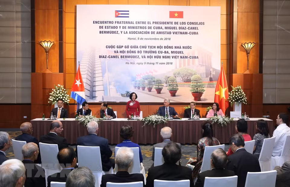 La presidenta de la Asociación de Amistad Vietnam- Cuba, Truong Thi Mai, entrega al presidente cubano, Miguel Díaz- Canel, un obsequio (Fuente: VNA)