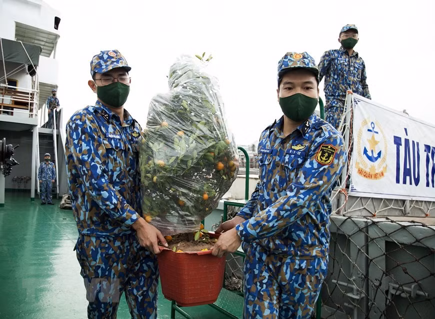 Los soldados trasladan los árboles de kumquat al barco para llevarlos a la plataforma DK1 (Fuente: VNA)