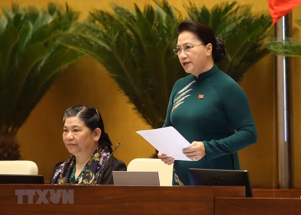 La presidenta de la Asamblea Nacional, Nguyen Thi Kim Ngan, pronuncia en la sesión (Fuente:VNA)