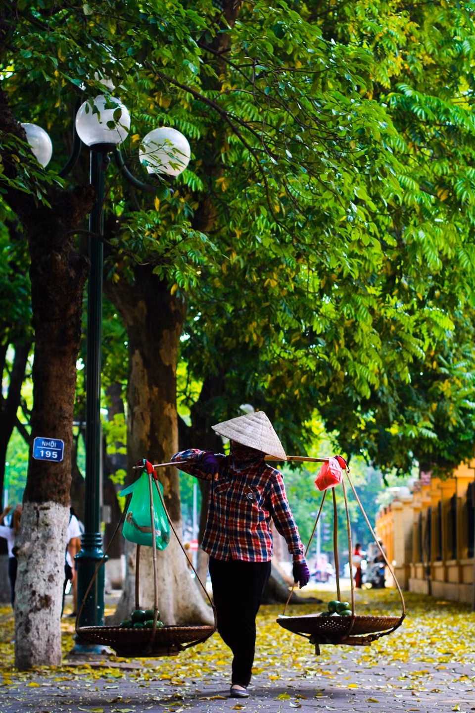 Una mujer está vendiendo frutas con Quang Ganh en su hombro (Foto: VNA)