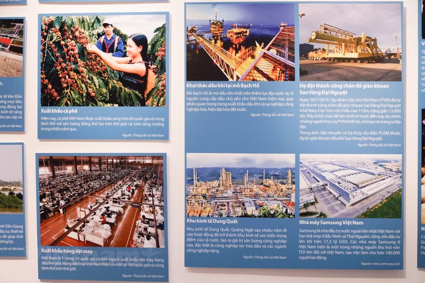 “Innovación, integración y desarrollo” es el nombre del tema de la quinta parte de la exposición sobre el período 1986-2020, que presenta al público imágenes, documentos y objetivos sobre la política Doi Moi (Renovación) presentada en el VI Congreso Nacional del Partido Comunista de Vietnam, la cual marca un punto de inflexión fundamental y decisivo en el desarrollo del país indochino. Como resultado de Doi Moi, el Partido Comunista de Vietnam legalizó las empresas privadas. Estas reformas económicas contribuyeron a que Vietnam estableciera relaciones diplomáticas con países de Occidente y Asia oriental, como Estados Unidos y Japón durante la década de 1990. (Foto: Vietnam+)