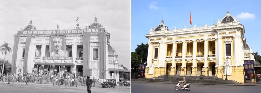 El Teatro de la Ópera de Hanoi en el día que la Comisión Militar Principal se presenta por primera vez a pobladores de la capital, octubre de 1954, y cómo luce este emblemático edificio más de seis décadas después. (Foto: VNA)