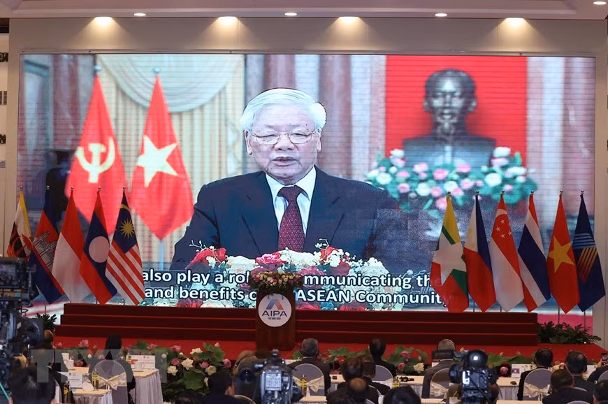 El secretario general del Partido Comunista y presidente de Vietnam, Nguyen Phu Trong, interviene de forma virtual en el acto inaugural de AIPA-41, Fuente: VNA