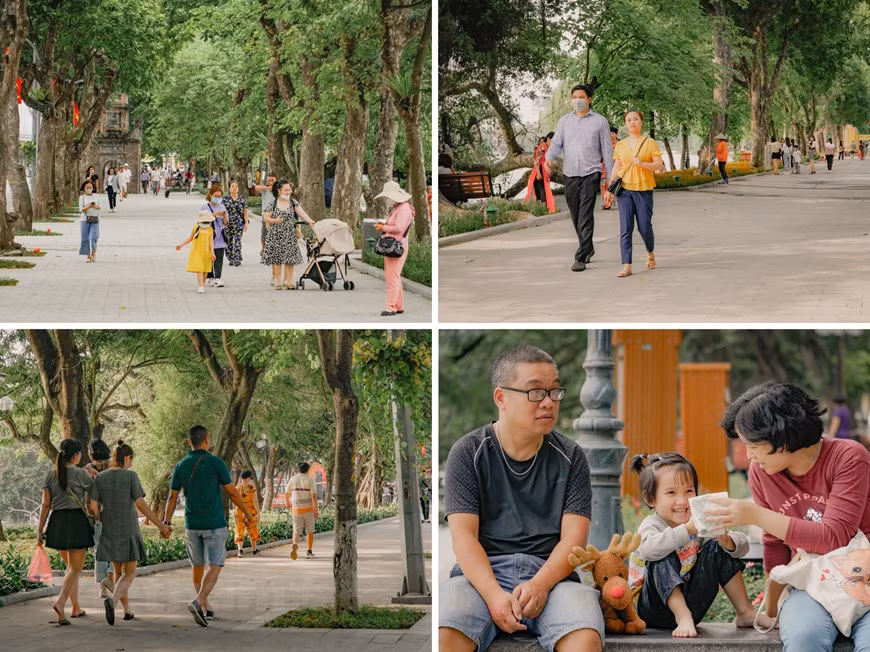 Después de tener una nueva apariencia, el lago Hoan Kiem llama poderosamente la atención de numerosas personas de la capital Hanoi. Se convirtió en un lugar de encuentro ideal para los ciudadanos, desde los menores de edad hasta los ancianos. Además, el proyecto de renovación y decoración del lago Hoan Kiem incluye parterres de flores muy coloridas y brillantes colocados en el pavimento, que aportan una vista nueva y vívida a este lugar. Todos los días, el personal de ambiente los riegan para mantener un lindo espacio en el centro de Hanoi, listo para recibir a los turistas en cualquier momento. 