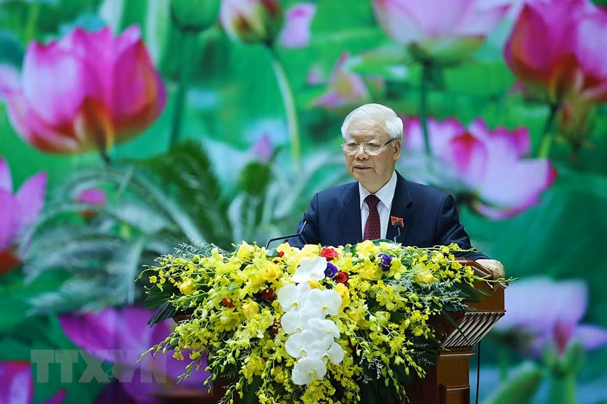  El secretario general del Partido Comunista, presidente del país y el también secretario de la Comisión Militar Central, Nguyen Phu Trong, en el acto (Fuente: VNA) 