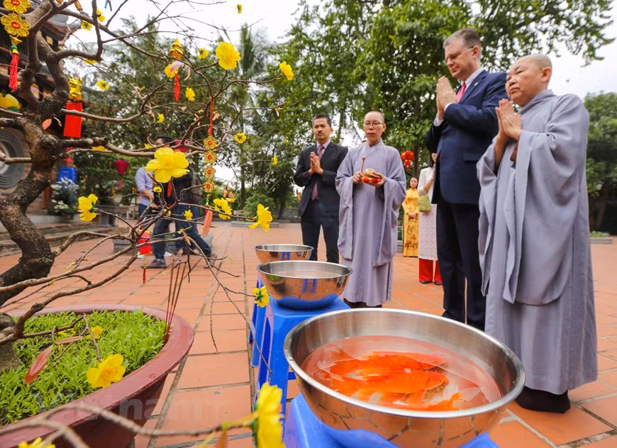 El diplomático expresó su deseo de que las carpas liberadas por él hoy lleven a las divinas de la cocina al cielo, las cuales informarán al Emperador de Jade sobre lo bueno acontecido en su casa. Dijo que en 2020, Vietnam se encargará de la presidencia de la Asociación de Naciones del Sudeste de Asia (ASEAN) y del miembro no permanente del Consejo de Seguridad de las Naciones Unidas para el período de 2020-2021, hechos que ofrecerán oportunidades para que Hanoi y Washington colaboran en la solución de los asuntos regionales de interés mutuo en aras de la paz, estabilidad, colaboración y desarrollo en el área y el mundo. Las exportaciones de Vietnam a Estados Unidos se multiplicaron 4,7 veces más que la tasa promedio de todos los otros mercados, según informó la Cámara de Comercio e Industria del país indochino (VCCI).(Foto: Vietnam+) 