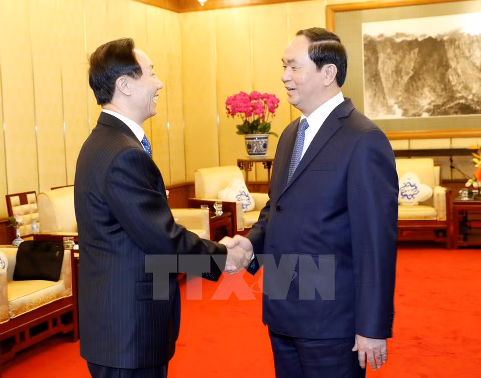 Tran Dai Quang recibe a Wang Jiarui, vicepresidente de la Conferencia Consultiva Política del Pueblo Chino (Fuente: VNA)