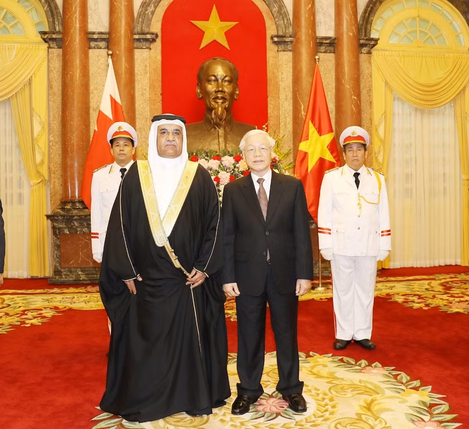 Los embajadores de Sri Lanka, Sampath Prasanna; Bahréin, Ahmed Abdulla; Angola, De Carvalho Fernandes; Laos, Sengphet Houngboungnuang; Uzbekistán, Ulungbek Rozukulov; Corea del Sur, Park Noh-wan; Tanzania, Brighton Kairuki, también entregaron sus cartas credenciales a Nguyen Phu Trong. (Fuente: VNA)