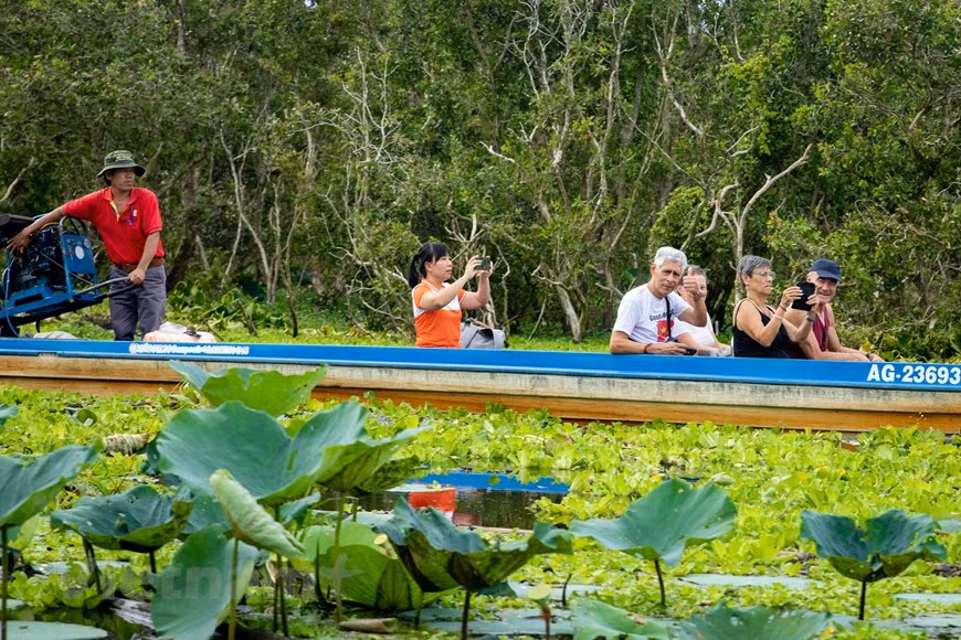 Los turistas extranjeros encantados de sumergirse en la naturaleza. (Foto: Vietnam+)