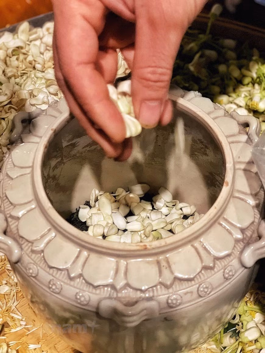 Para seguir con el proceso de aromatizar el té, se utilizan las cajas de cartón, olla o jarra de cerámica para envasar. Empiezan con la primera capa de té, después se sigue por una capa de pétalos y lo repiten. Se debe prestar muy especial atención al siguiente paso de voltear el té, lo que hace que este extraiga la humedad. El proceso de voltear se realiza aproximadamente cada dos horas durante el tiempo de aromatización, lo que dura más o menos dos días. Después, se quitan las flores de la mezcla y se empieza a secar el té con alta temperatura. (Fuente: Vietnam+)