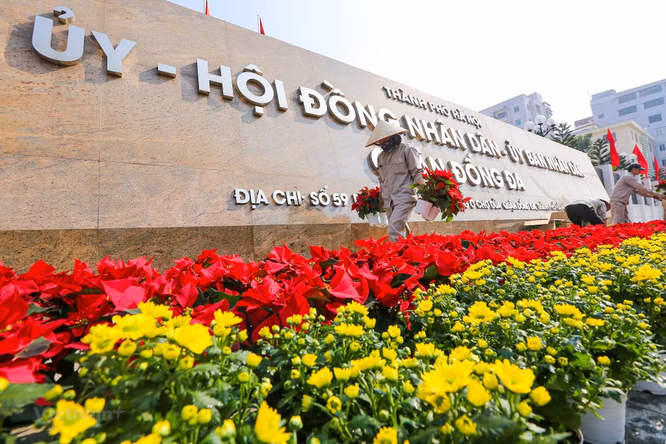 Flores embellecen el lugar frente a la sede del Comité partidista, el Consejo Popular y el Comité Popular del distrito de Dong Da. (Foto: Vietnam+)