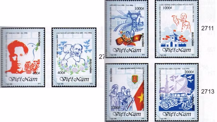 Colección de sellos del artista Do Lenh Tuan con motivo del 50 aniversario de la Revolución de Agosto y el Día Nacional del 2 de septiembre (1995).